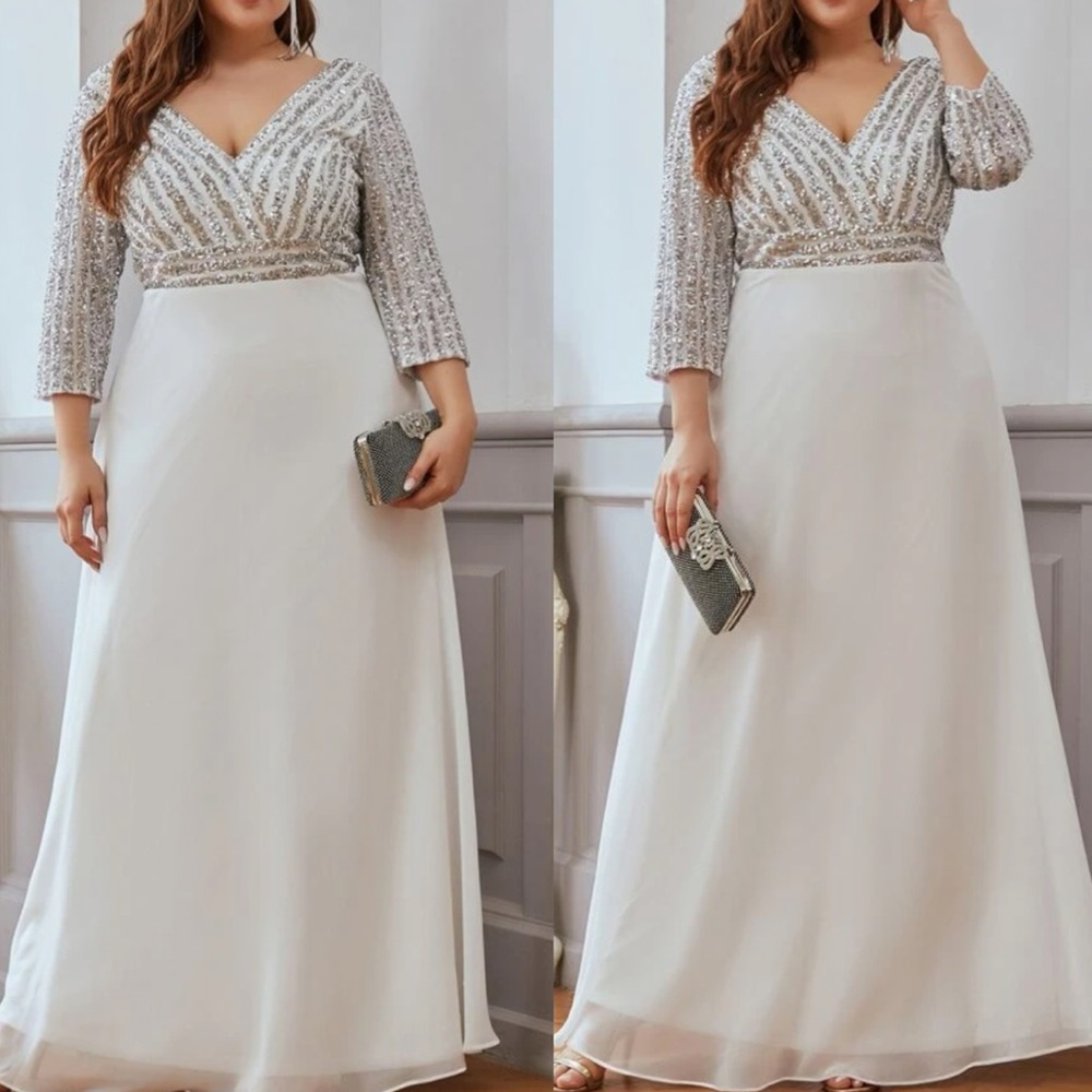 Plus size luxe V neck sequins party formal gown dress